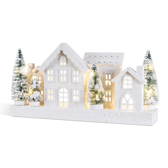 Glitzhome; Glitzhome® Lighted Wooden Snowy Village Christmas Table Décor; Category:Christmas Tabletop Decor; Image:1